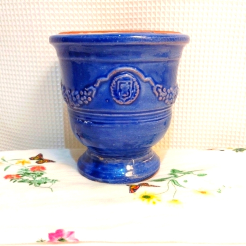 Antique Ampholia Anduze France Planter Urn Cobalt Blue 7" - Picture 5 of 11